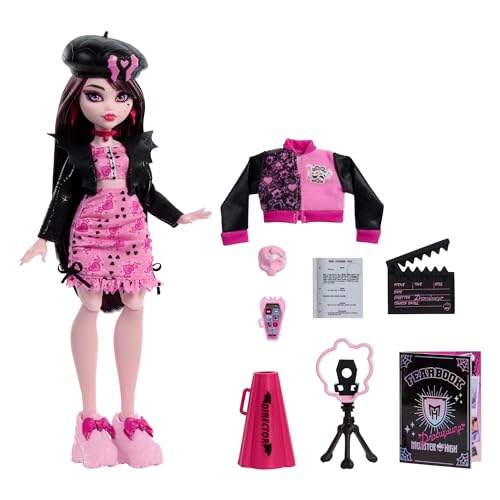 Monster High Draculaura Fearbook directora de cine con chaqueta universitaria y accesorios de cine juguete +4 años (HXW3